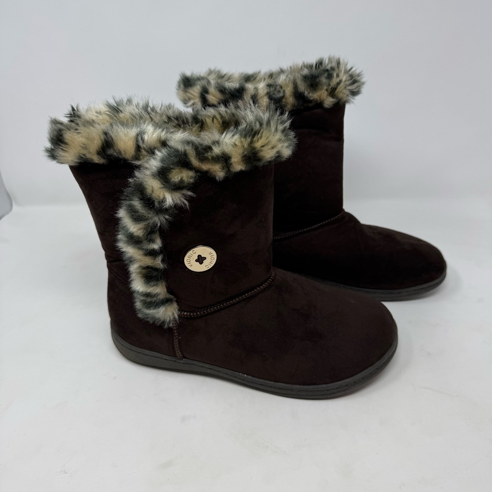 Vionic Women’s Brown Faux Fur Lined Fairfax Boots Size 7 Comfort Winter Leopard